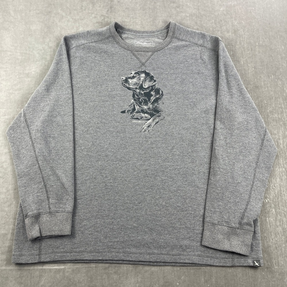 Eddie Bauer Mens 2XL Gray Thermal Shirt Black Lab Graphic Waffle Knit Pullover